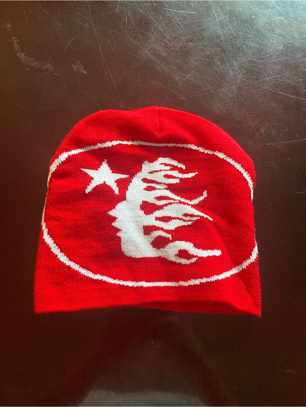 Red Kids Knit Beanie with White Star & Flame Motif